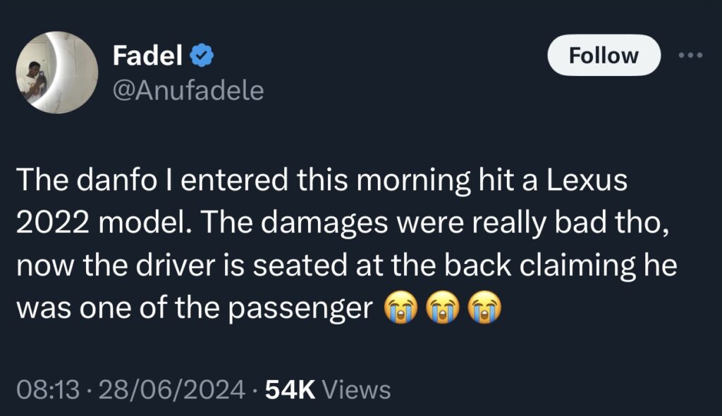 Eyewitness shares what Danfo driver did after hitting a car in Lagos