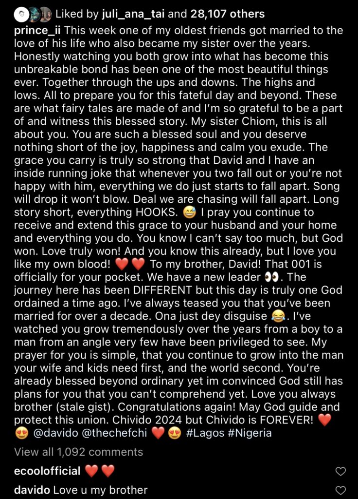 Davido’s former lawyer, Bobo Ajudua pens emotional note to Davido and Chioma