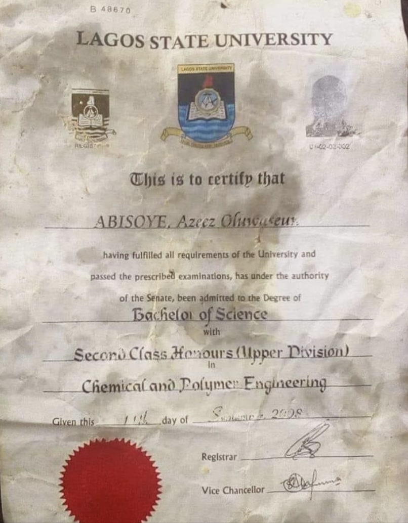 Shock as original certificate of LASU engineering graduate with 2.1 used to sell suya