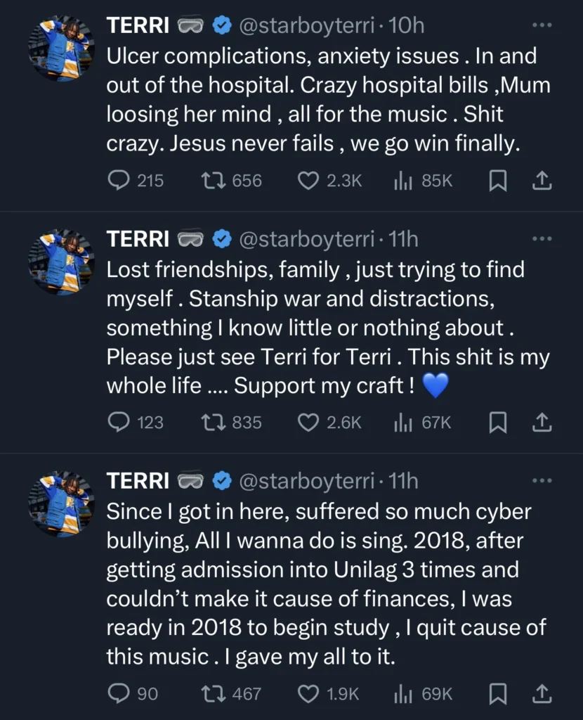 Starboy Terri cries out for help with his music career