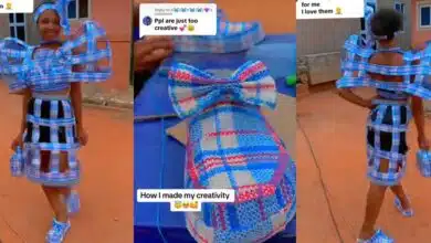 Nigerian lady flaunts handmade outfit, shoes from 'Ghana Must Go' bag