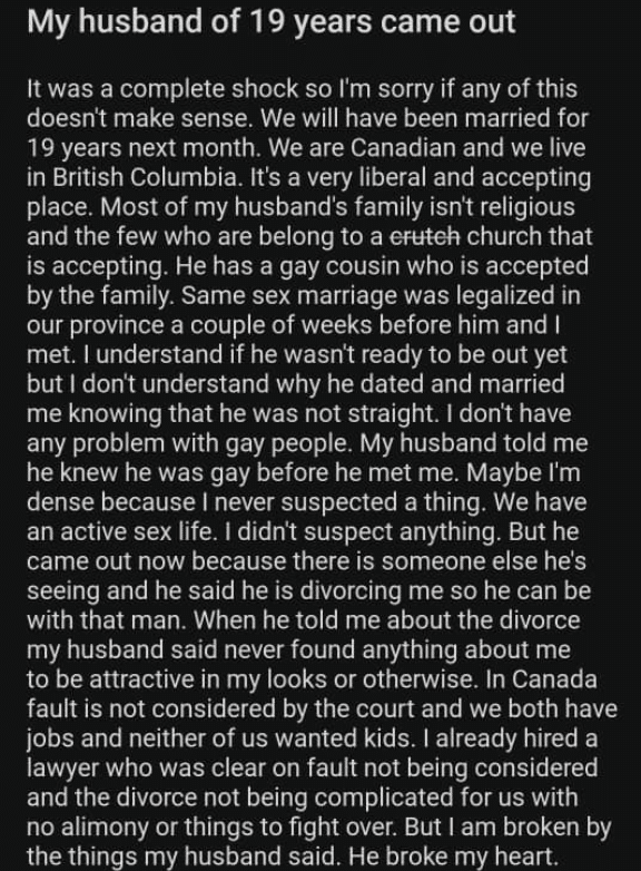 Lady devastated as she discovers her husband of 19 years is gay