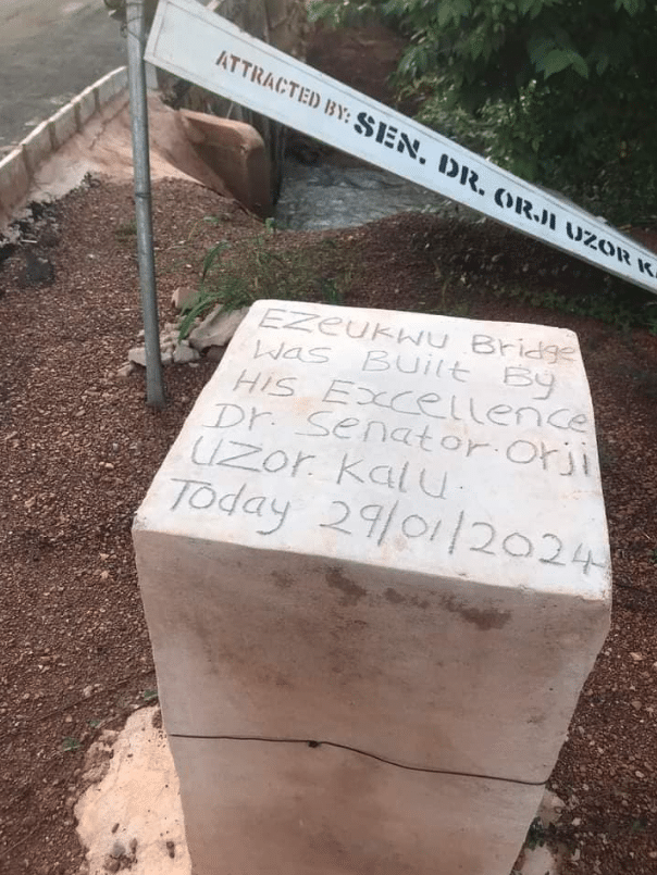 Shock as road commissioned recently by Senator Orji Uzor Kalu washed away by rain after few months