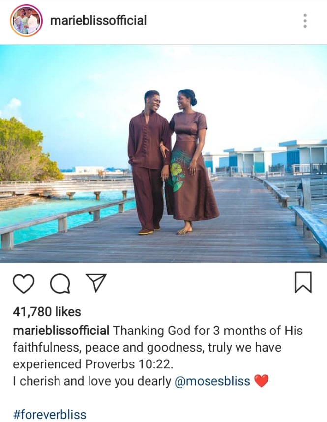 Moses Bliss marks 3 months marital bliss with wife, Marie Wiseborn