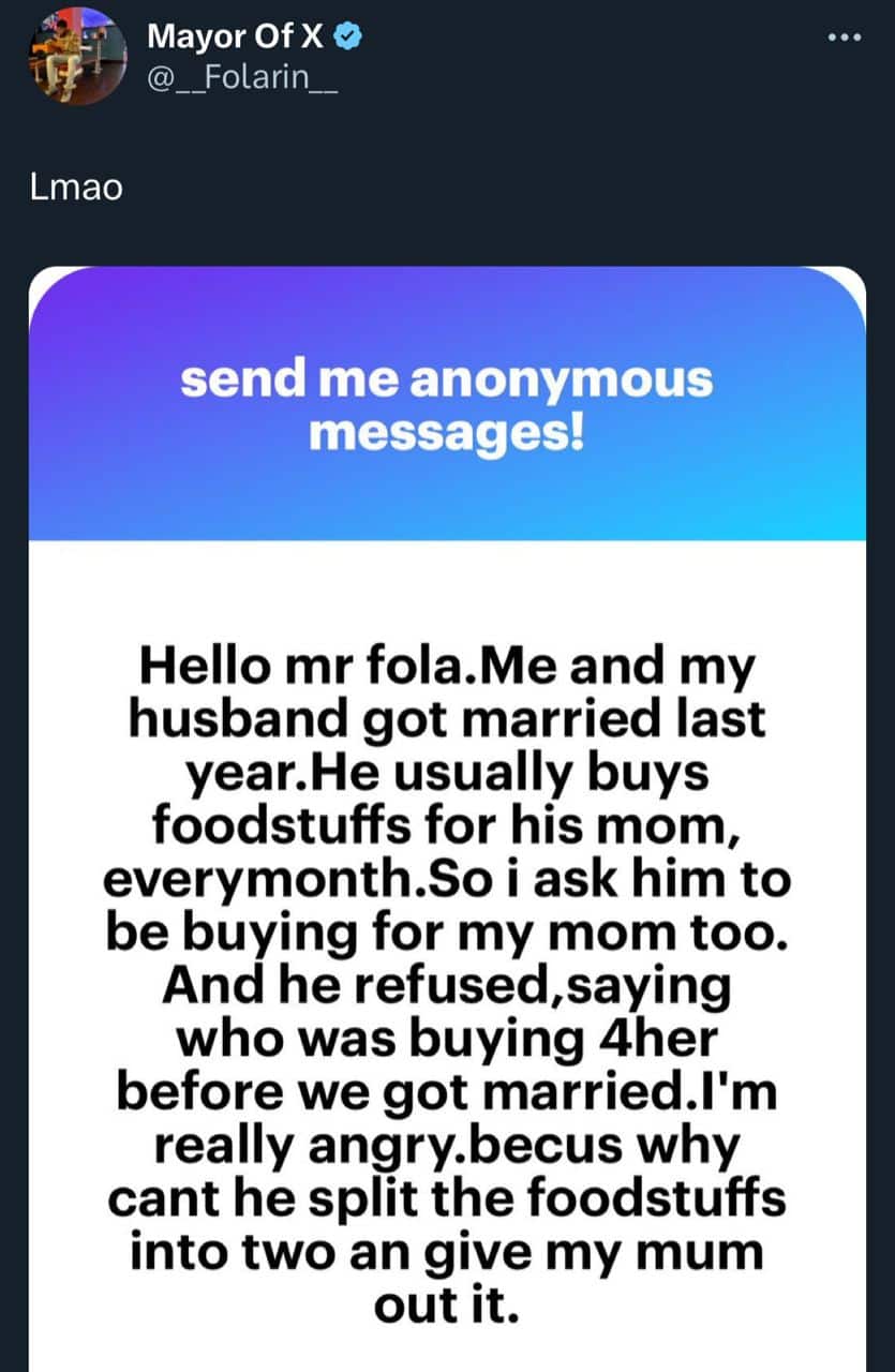 Woman calls out husband for buying his mother foodstuff but not hers