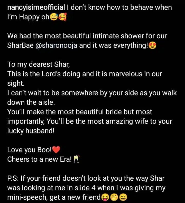 Nancy Isime sends best wishes to Sharon Ooja following her bridal shower
