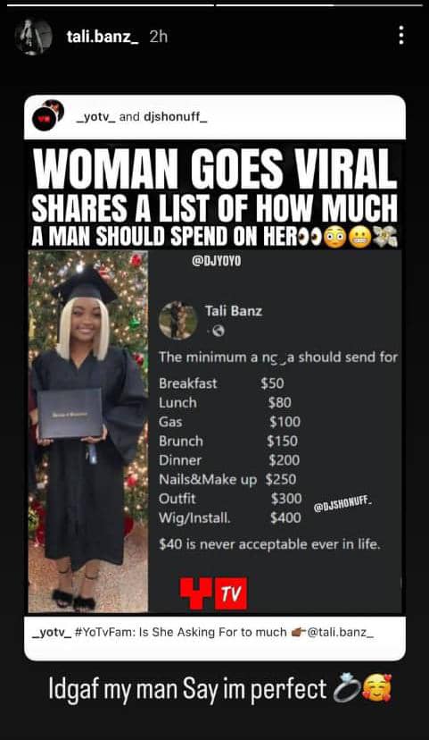 Lady turn heads as she drafts list of how much a man should spend on her