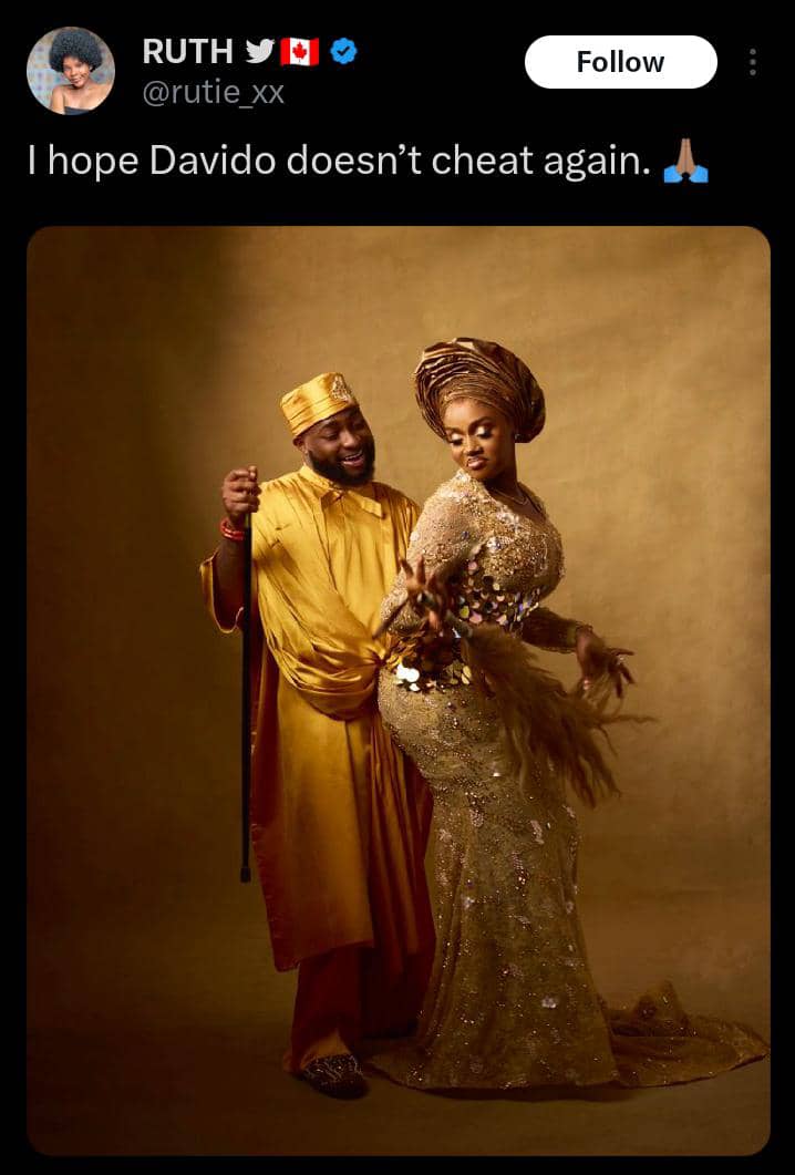 Ruth shades Davido again after he released his pre-wedding photos