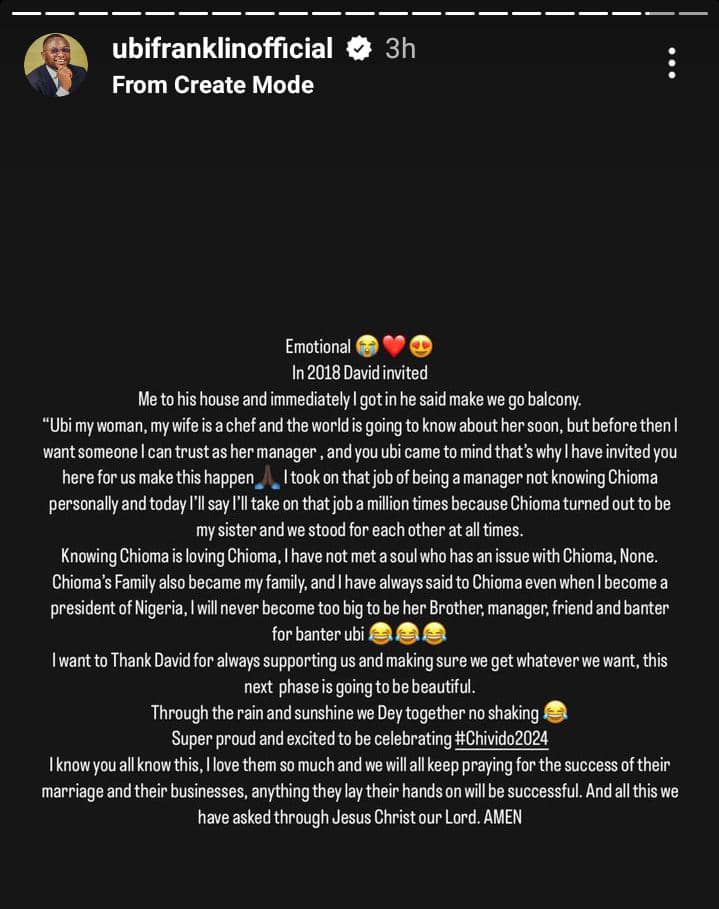 Ubi Franklin expresses admiration for Davido and Chioma ahead of wedding