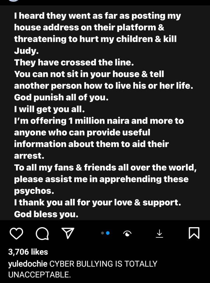 Yul Edochie offers N1 million reward to anyone with information on those threatening Judy Austin and his children