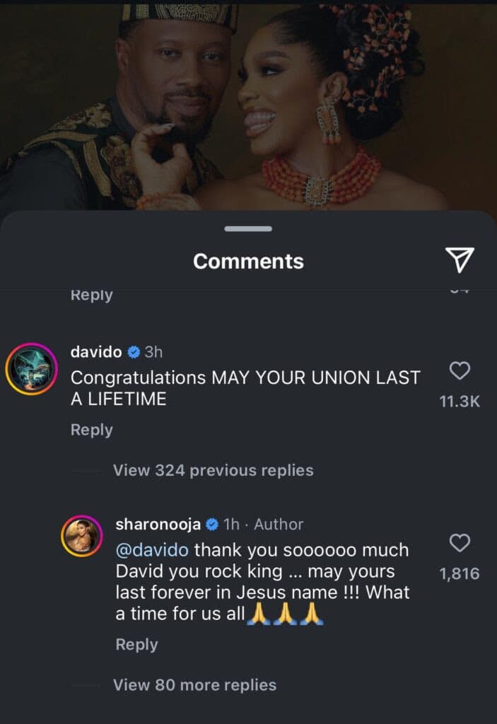 Davido congratulates Sharon Ooja on her wedding, she responds