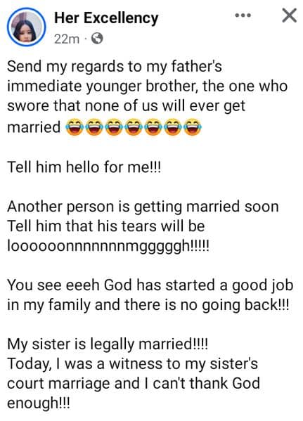 Lady joyful as sister weds after uncle swore none will get married