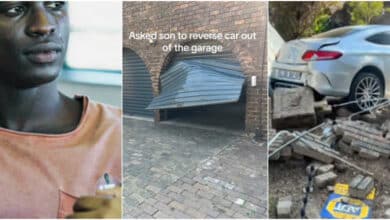 Moment son asked to reverse Mercedes-Benz, crashes it through garage door and wall