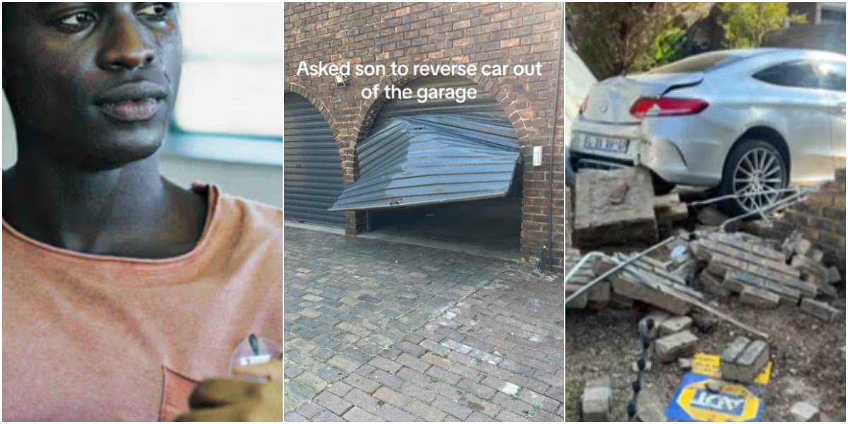 Moment son asked to reverse Mercedes-Benz, crashes it through garage door and wall