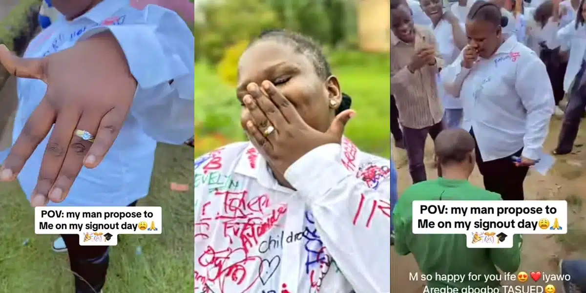 Nigerian lady flaunts ring as boyfriend goes on knees, proposes on sign-out day