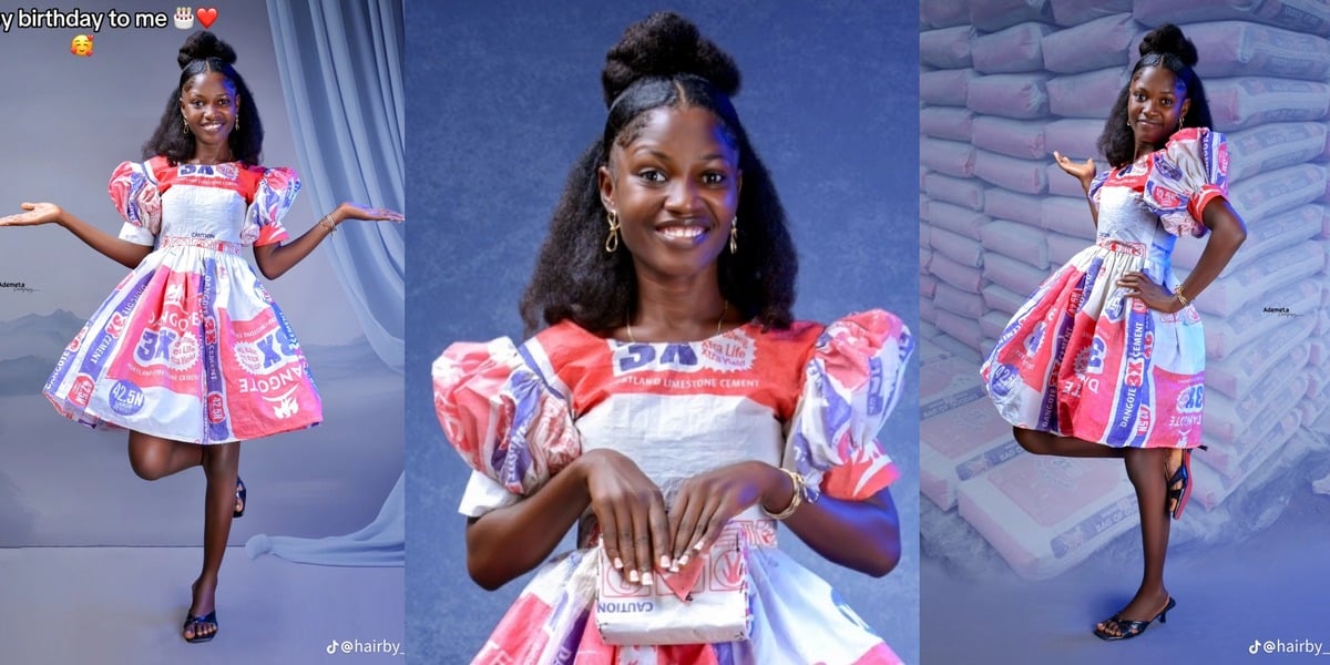 Nigerian lady celebrates birthday in unique dress made entirely of cement bags
