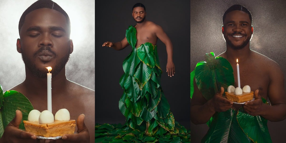 Nigerian moi moi seller stuns internet with leaf outfit, moi moi cake on 25th birthday