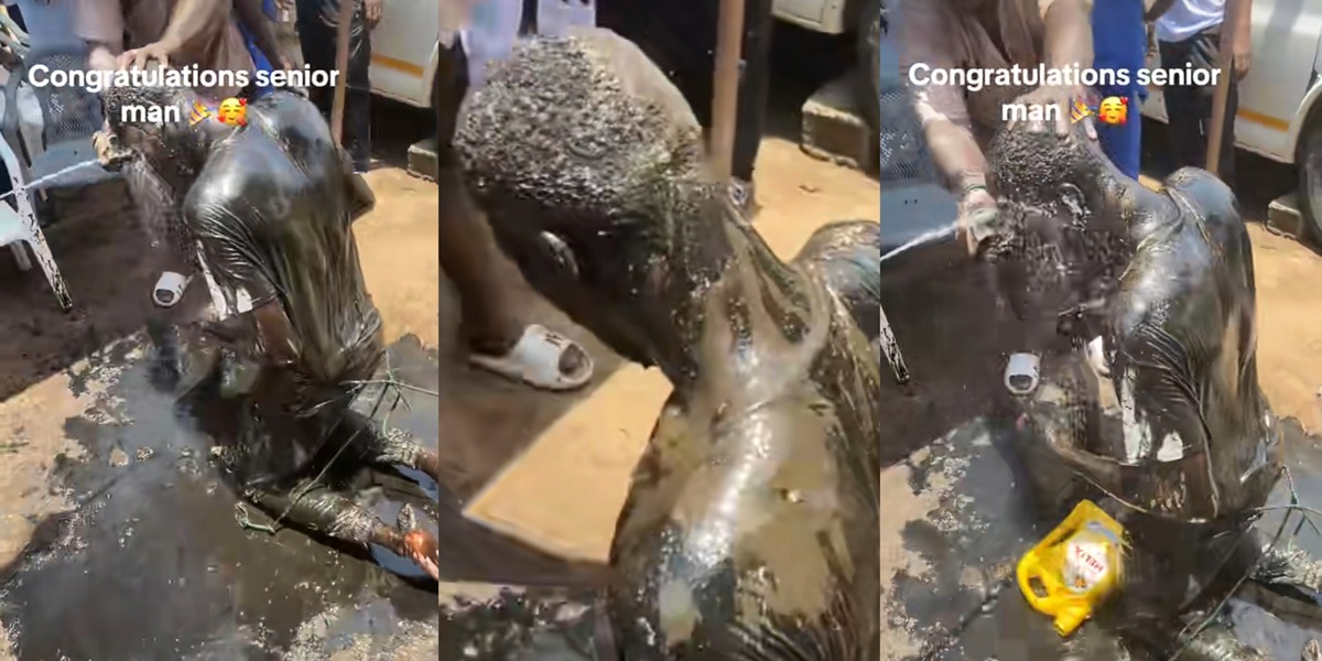 Mechanic apprentice’s graduation celebrated with black engine oil bath in trending video