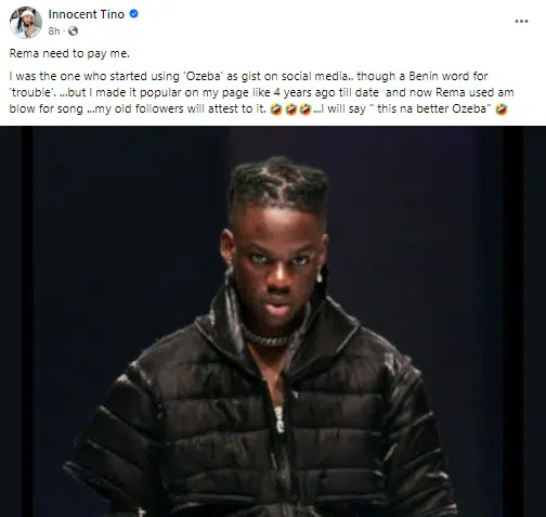 Nigerian-American man calls out Rema for allegedly stealing 'Ozeba' term from him