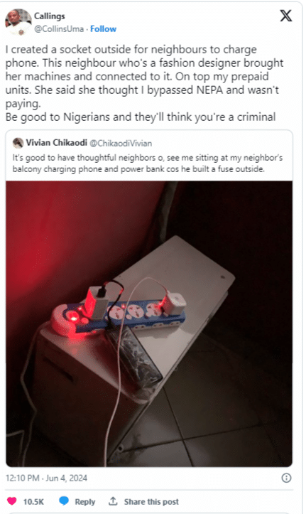 Man who created free charging space for his neighbors laments bitterly over outcome