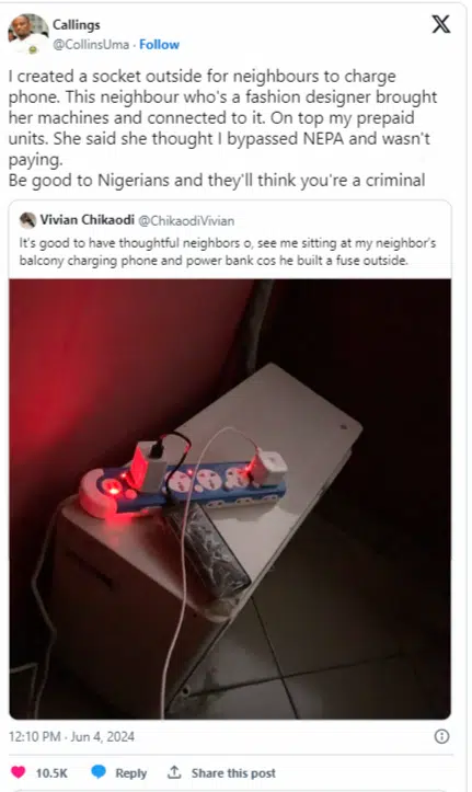 Man who created free charging space for his neighbors laments bitterly over outcome