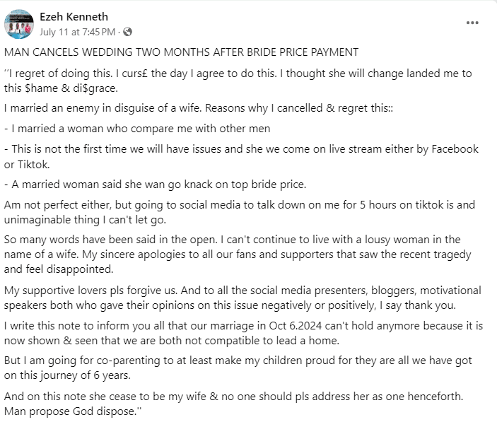 Groom calls off wedding two months after bride price payment over fiancée's social media drama