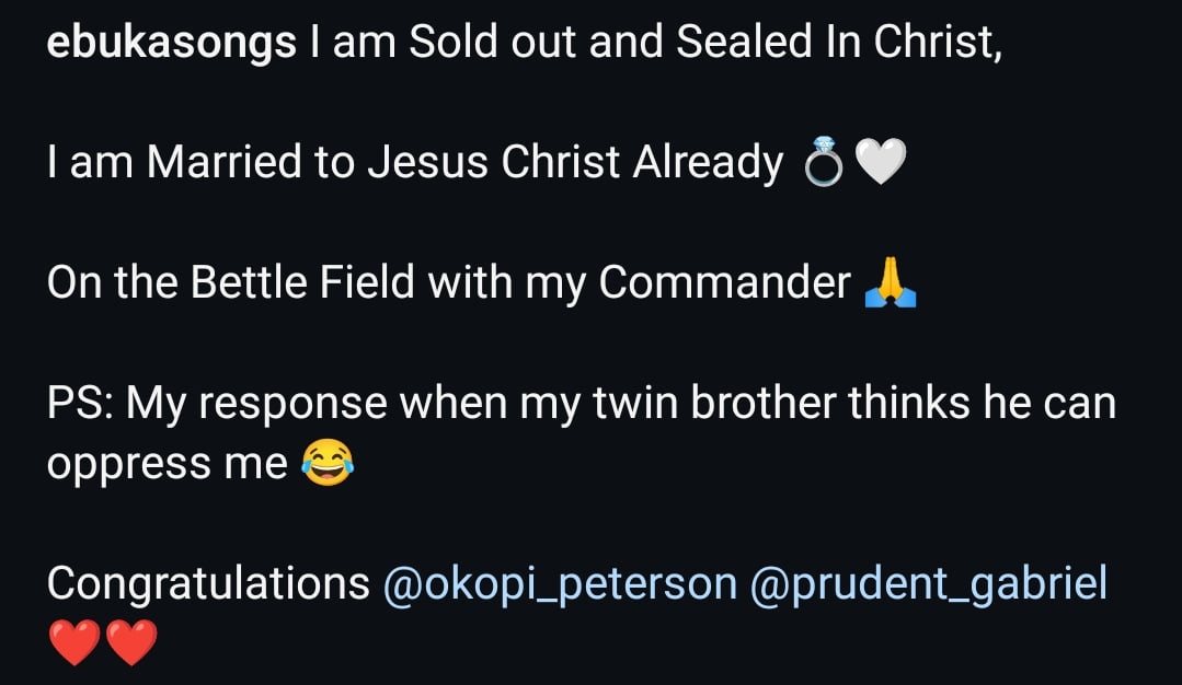 I am married - Gospel Singer Ebuka Songs reveals