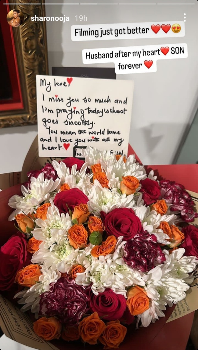 Sharon Ooja flaunts lovely bouquet, handwritten note she received from husband on movie set