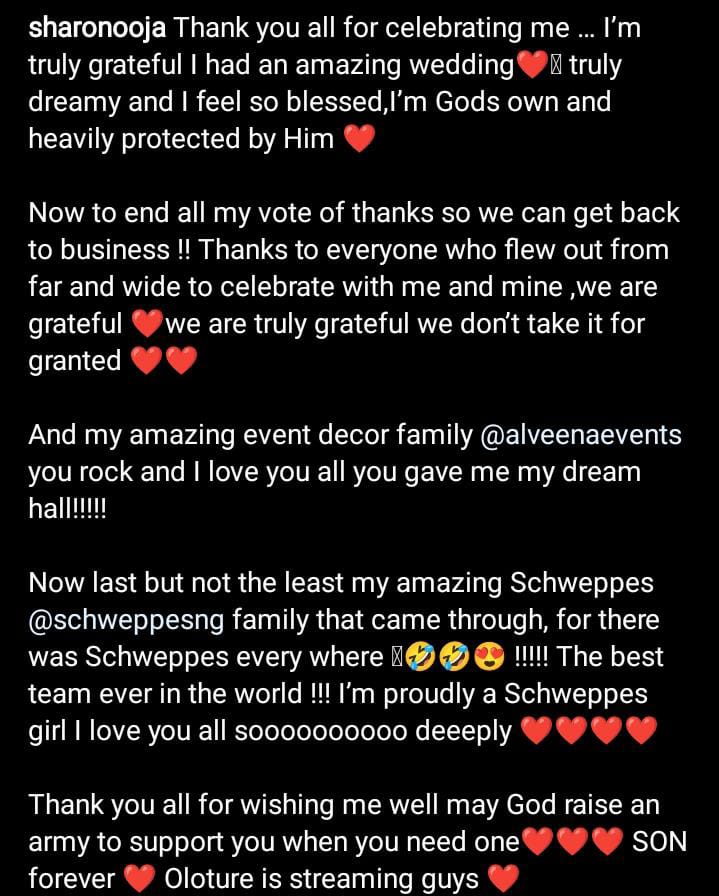 Sharon Ooja pens appreciation to well-wishers amid accusations against her husband