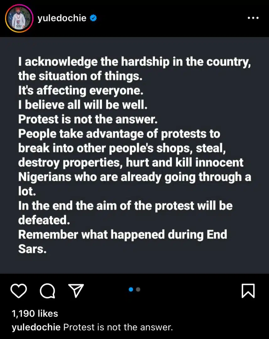 Yul Edochie ridiculed for discouraging protest amid hardship