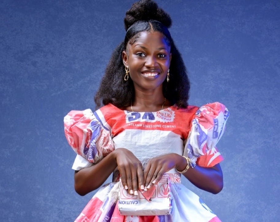 Nigerian lady celebrates birthday in unique dress made entirely of cement bags