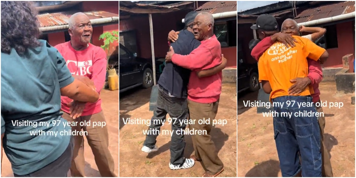 Touching moment 97-year-old grandpa meets his 3 grandchildren for the first time