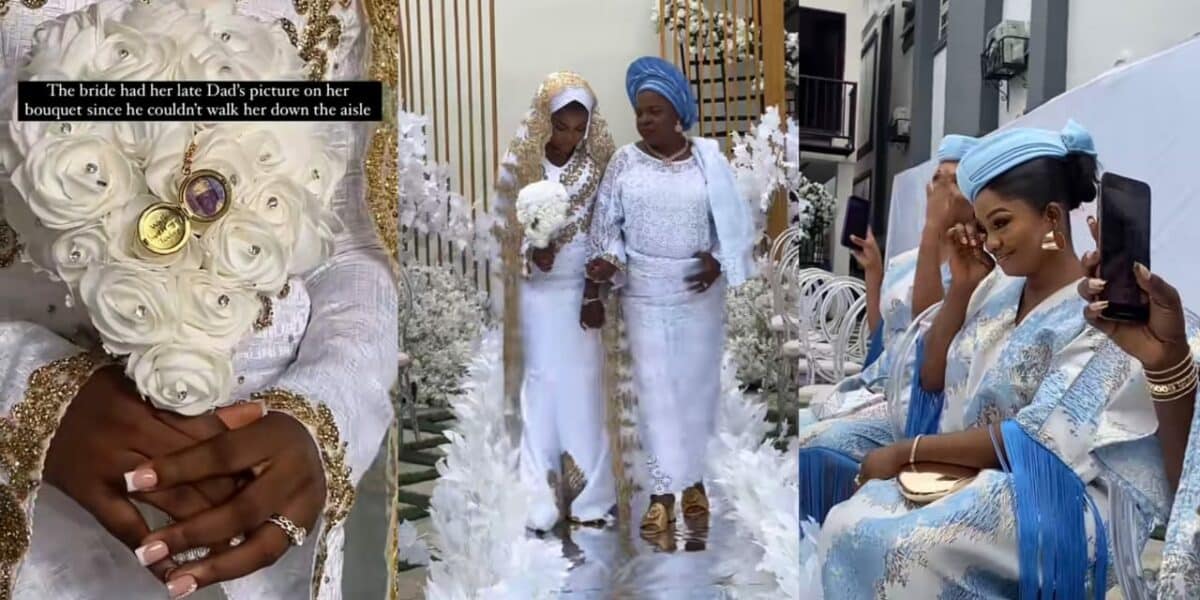 Nigerian bride places late father's photo on wedding bouquet since he couldn't walk her down the aisle