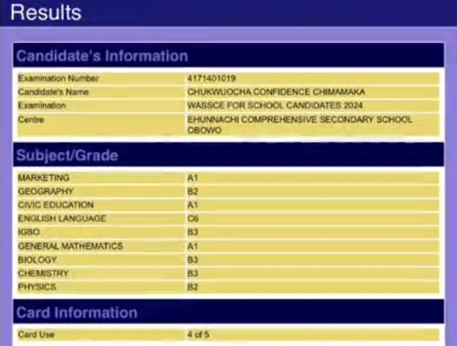 WAEC result of girl who signed out of secondary school like university student goes viral