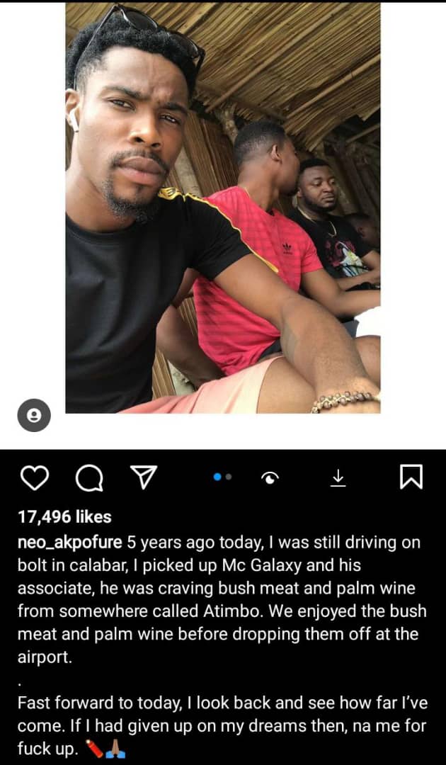 Neo Akpofure recalls encounter with MC Galaxy as he reflects on humble beginnings as Bolt driver