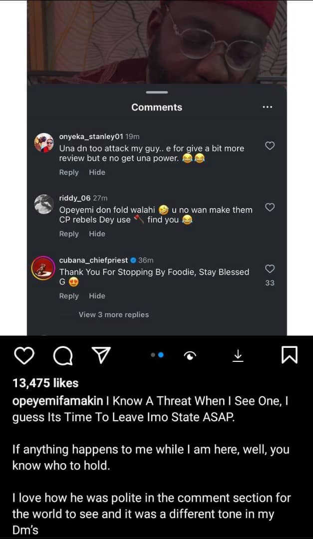 Opeyemi Fayakin accuses Cubana Chief Priest of alleged threat to life over bad review at son's restaurant