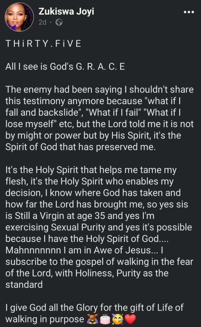 Lady shares testimony as she celebrates 35 years as a virgin