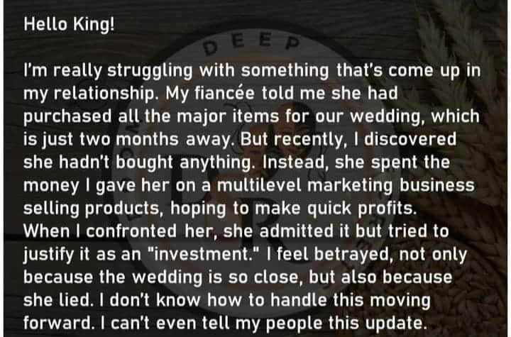 Man cries out as fiancée 'invests' their wedding money into her online business