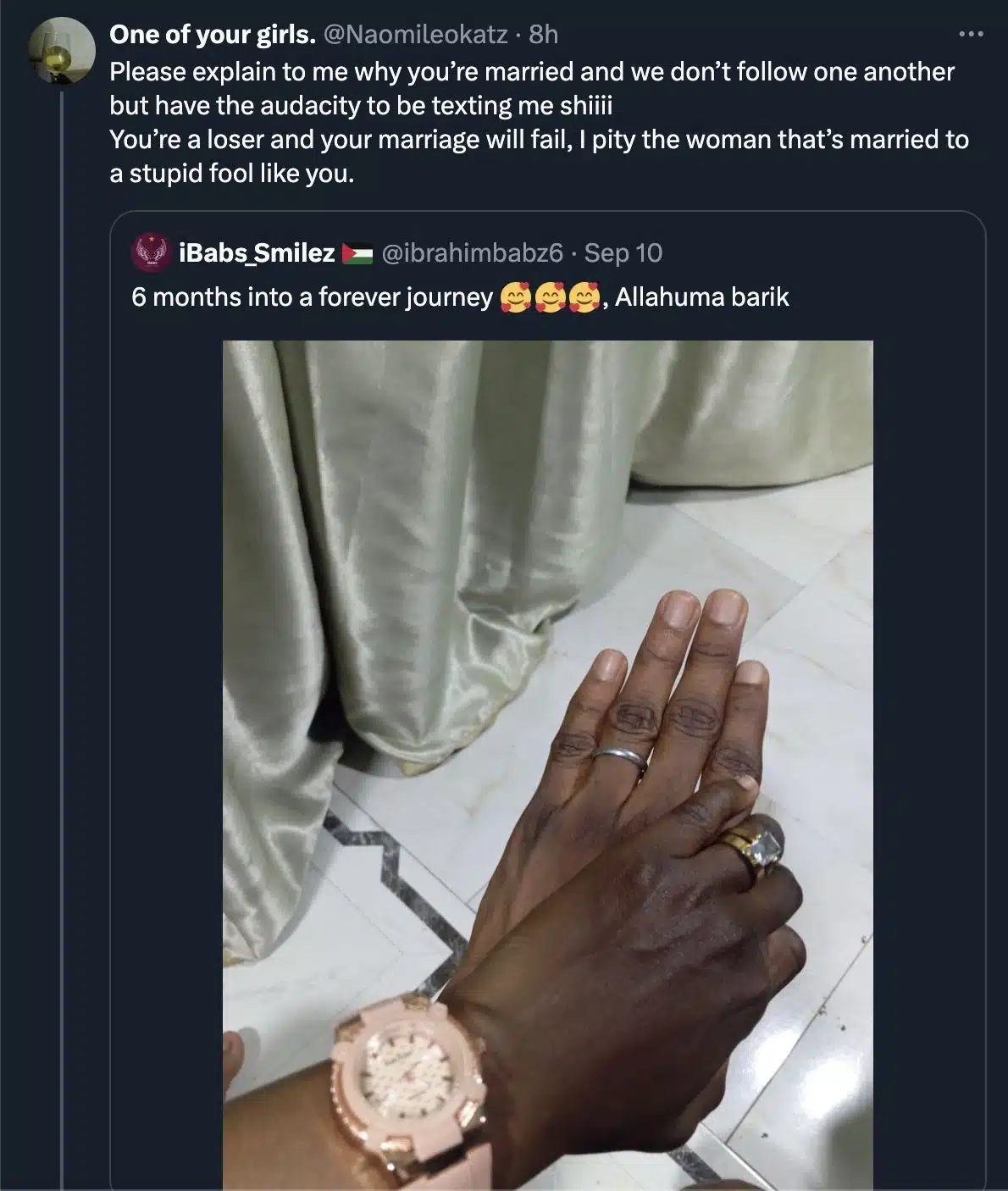 Lady exposes married man's advances on his 6 months wedding anniversary