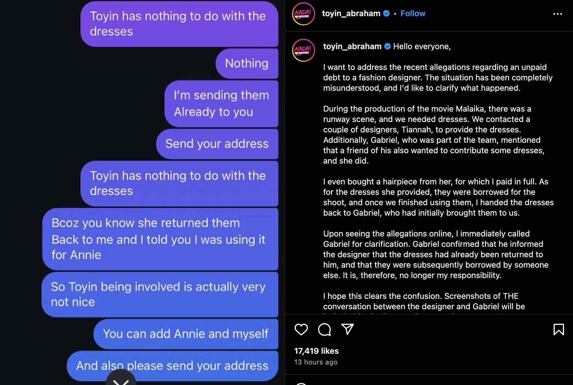 Fashion designer calls out Toyin Abraham over unpaid debt, she responds