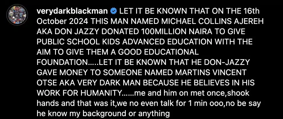 ₦100M Donation: Verydarkman recounts meeting Don Jazzy once in his life ₦100M Donation: Verydarkman recounts meeting Don Jazzy once in his life