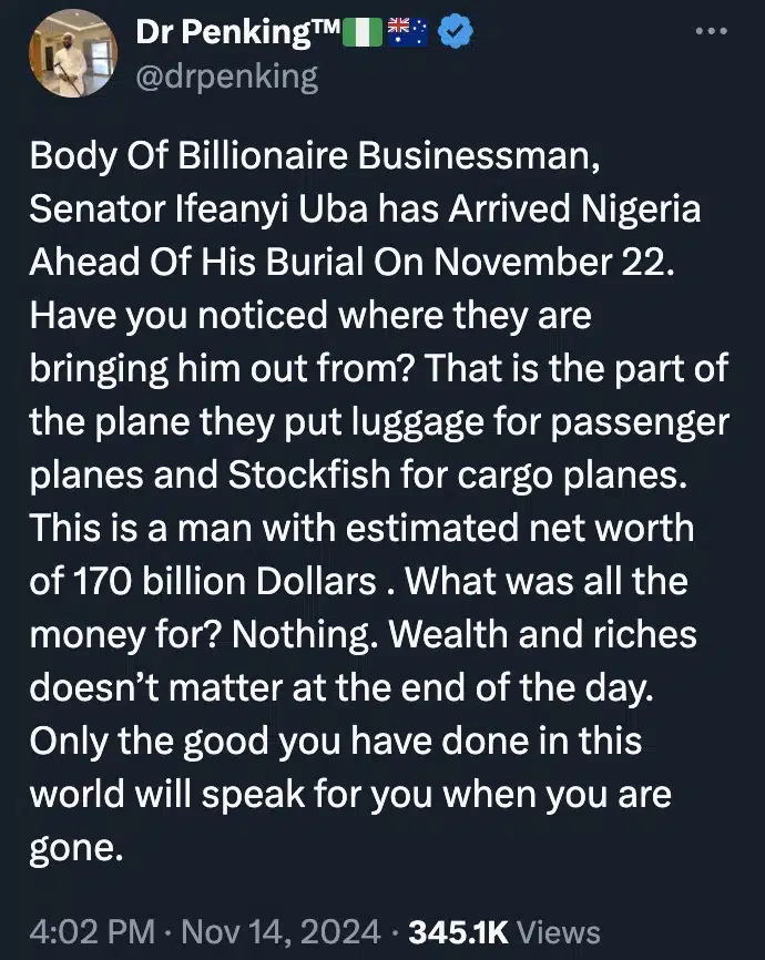 “Wealth matters not in the end” – Man reacts to arrival of Sen. Ubah’s body “Wealth matters not in the end” – Man reacts to arrival of Sen. Ubah’s body