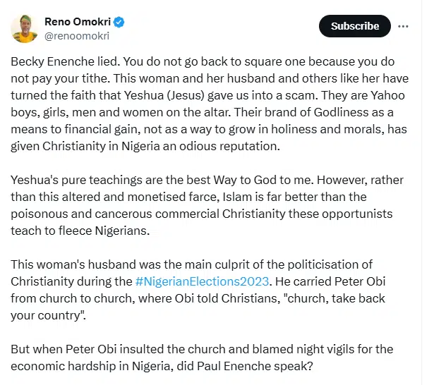 “Becky Enenche lied” – Reno Omokri reacts to Paul Enenche’s wife’s statement on tithing