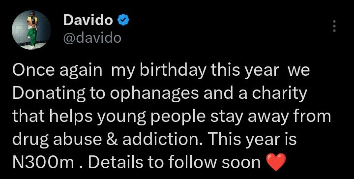 Davido's tweet