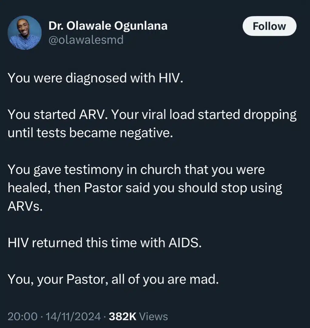 Doctor criticizes HIV patient for quitting treatment on pastor’s advice