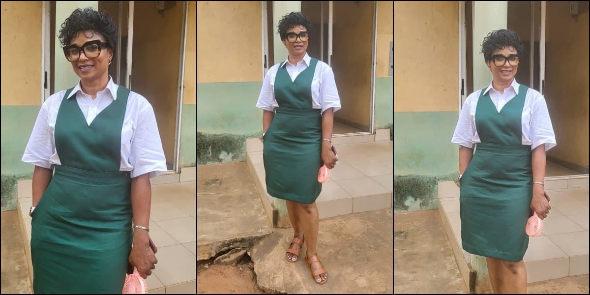 Woman dresses up in uniform as she attends her secondary school's 40th