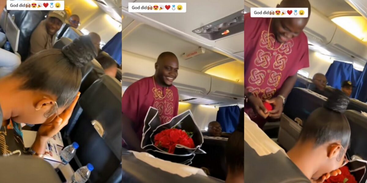 Romantic moment man proposes to girlfriend on plane