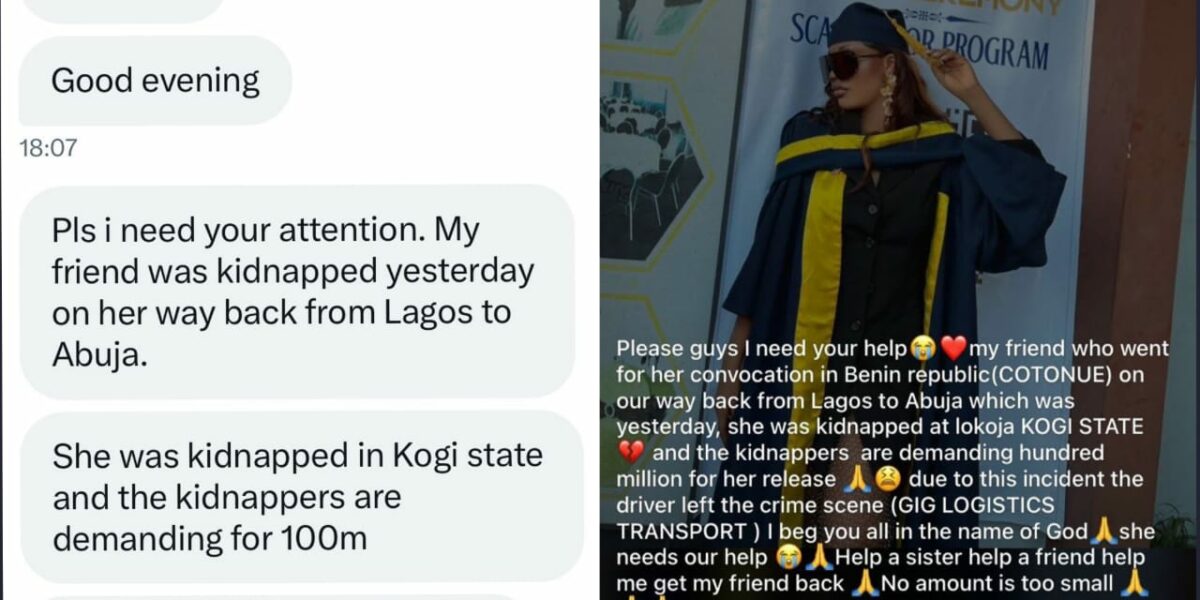 Nigerian lady kidnapped after convocation in Benin Republic, kidnappers demand ₦100m