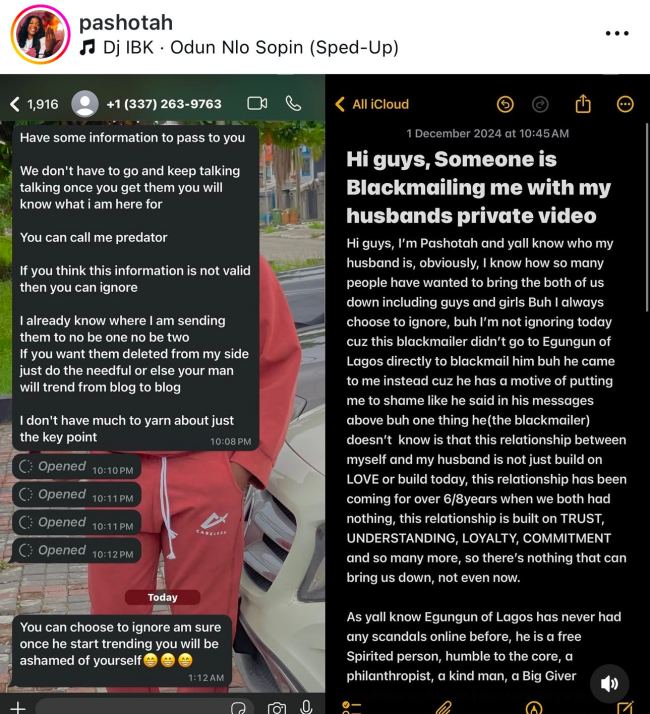 Egungun’s wife exposes blackmailer threatening to leak husband’s videos Egungun's wife exposes blackmailer threatening to leak husband's videos