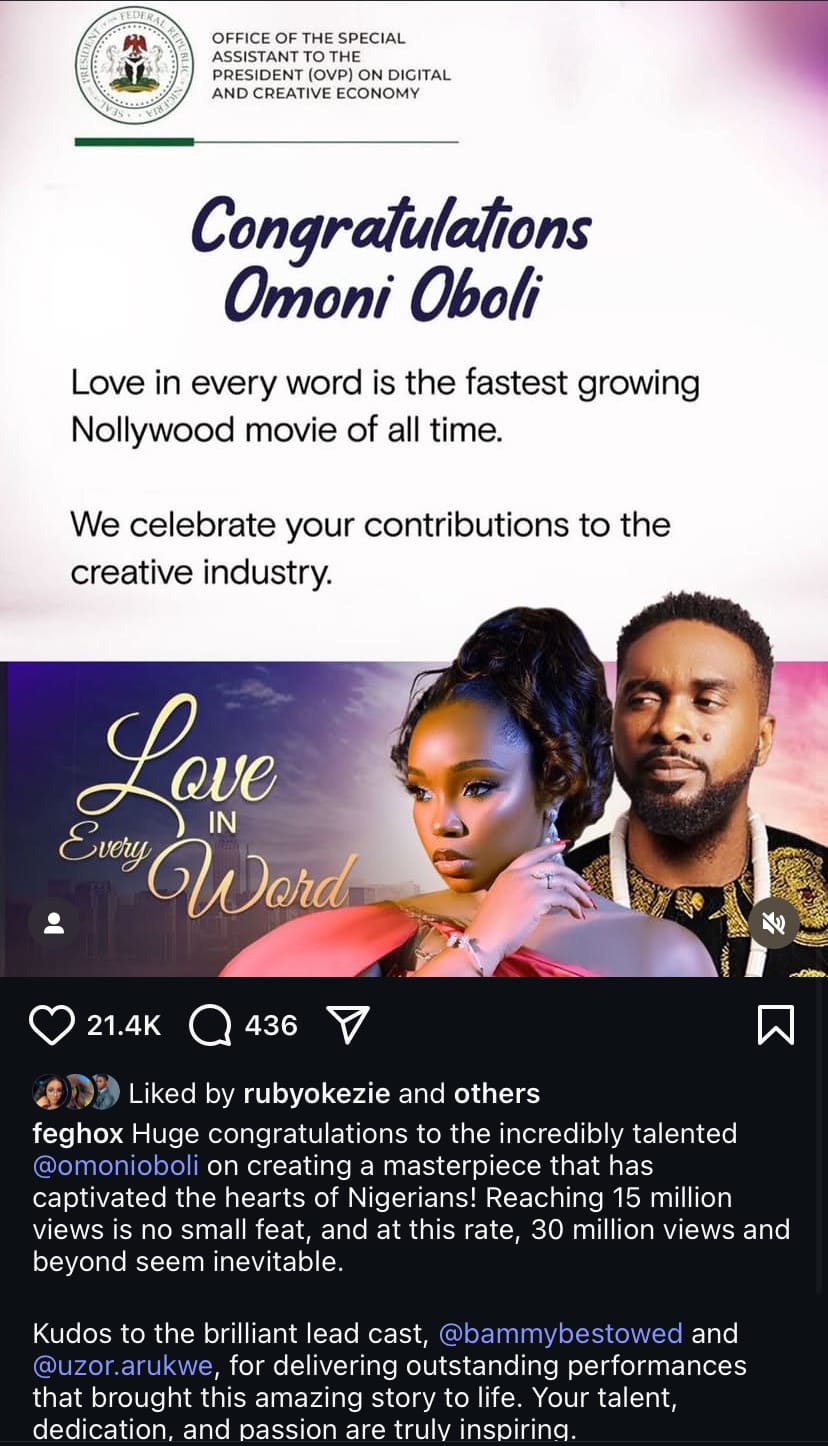 Presidency reacts as Omoni Oboli’s ‘Love In Every Word’ takes over Nollywood and social media